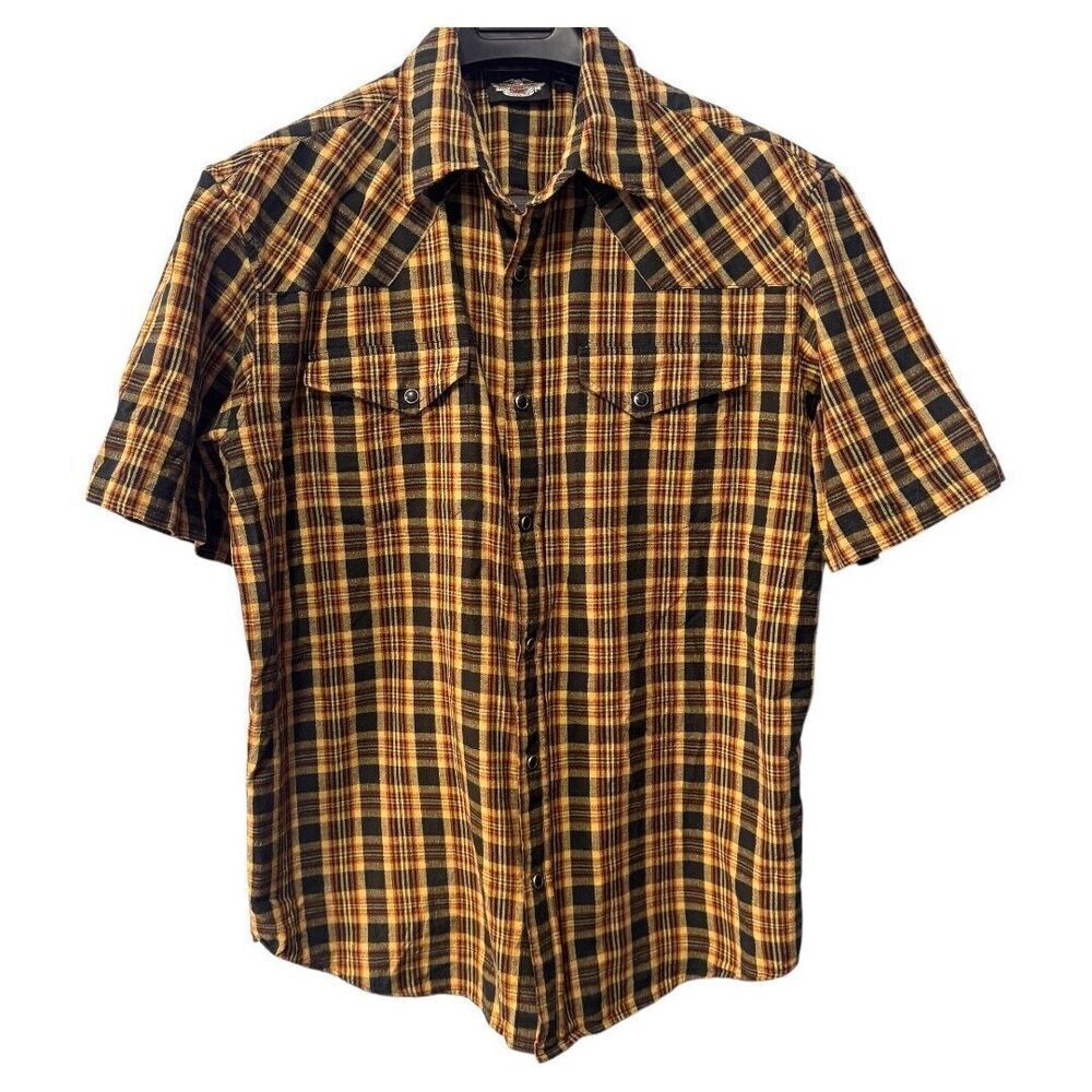 Harley Davidson plaid button men's size medium pearl snap embroidery